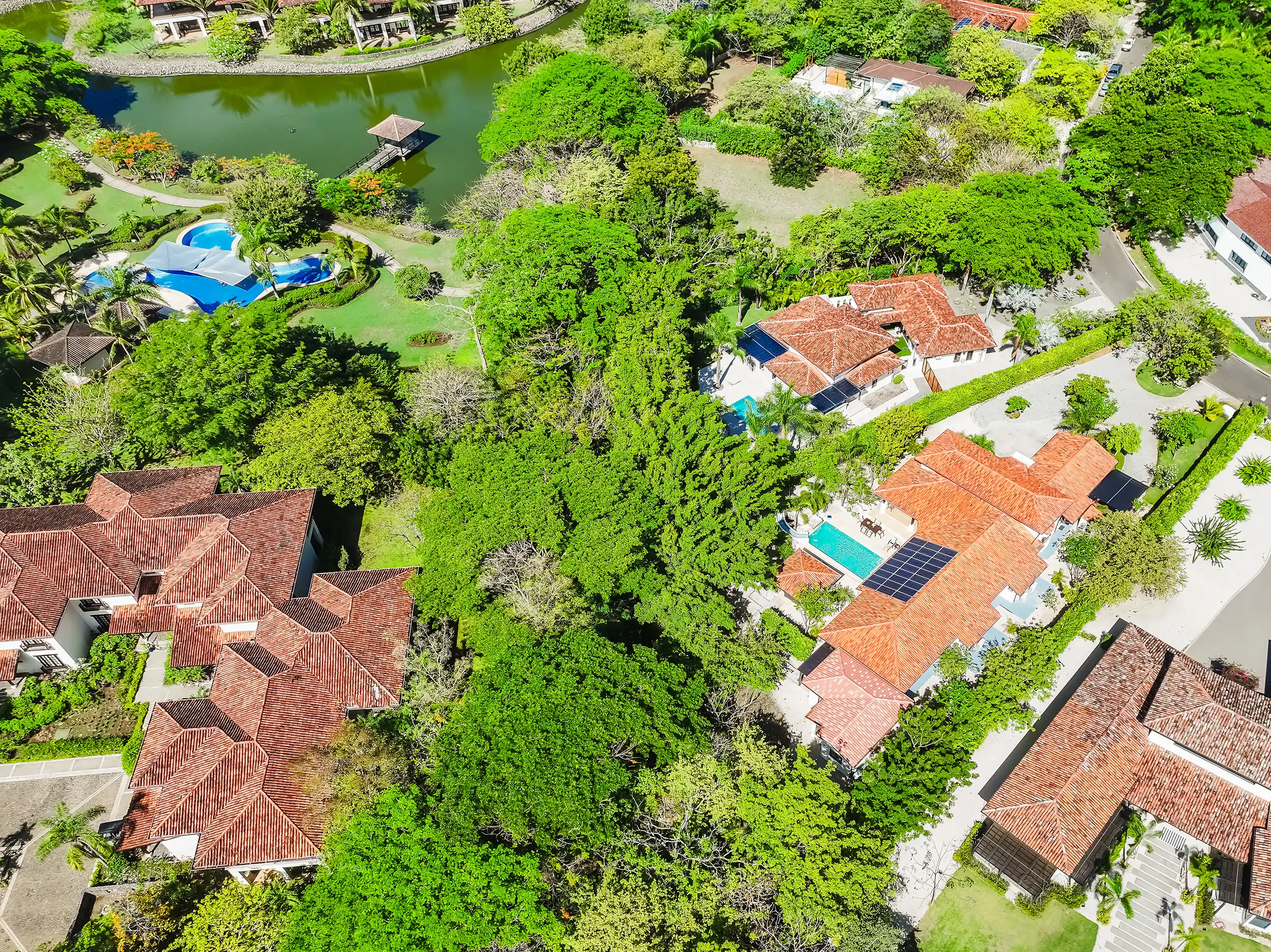 Aerial view of Casa Bonita Beach villa and surrounding tropical landscape
