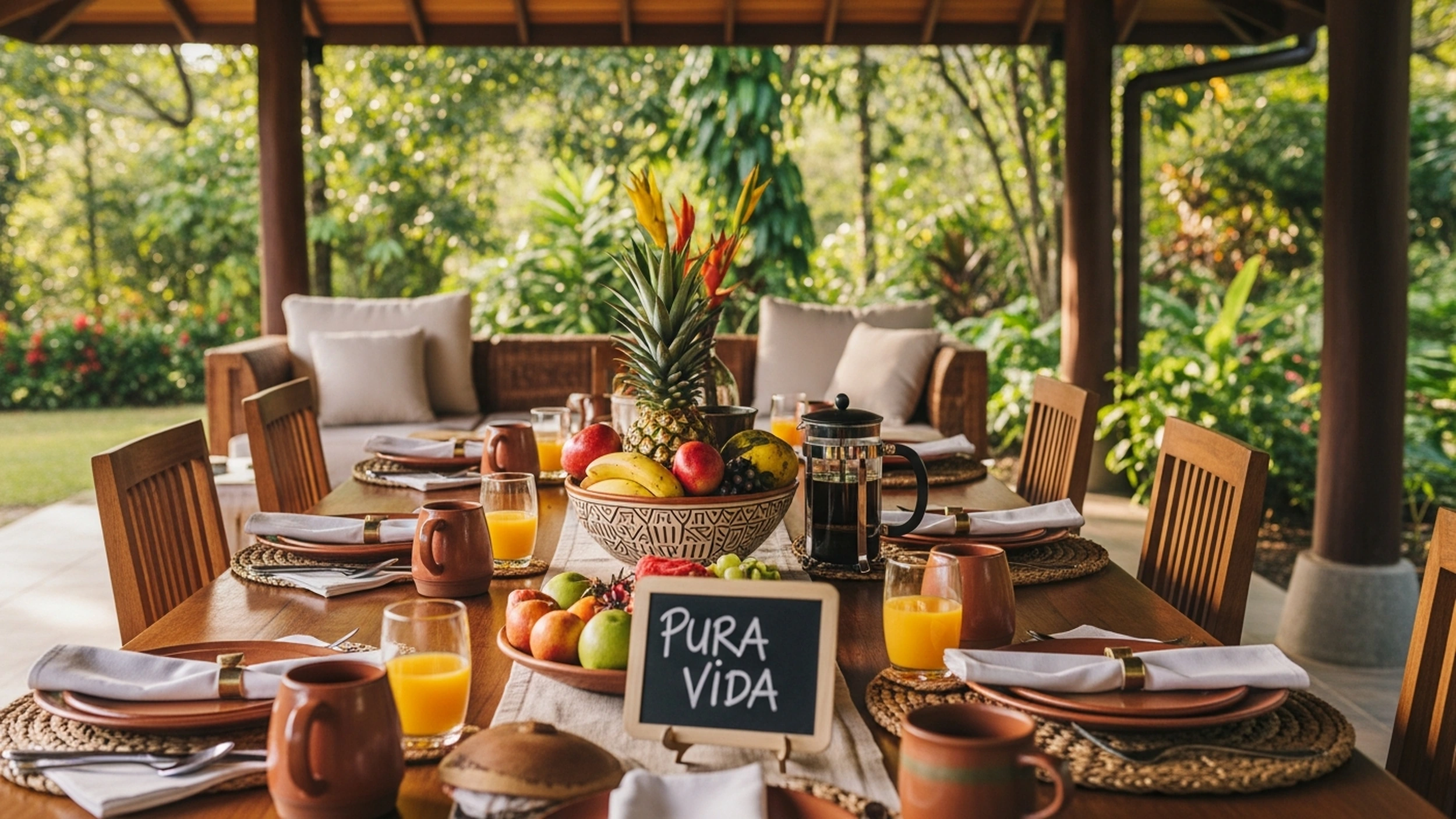 Mesa de desayuno al aire libre dispuesta para un grupo grande en una villa de lujo en Guanacaste, Costa Rica