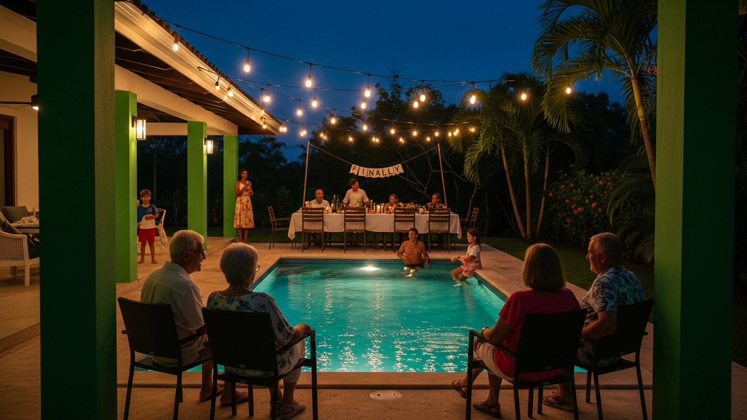Familia multigeneracional en silueta junto a la piscina de una villa de lujo al atardecer en Guanacaste