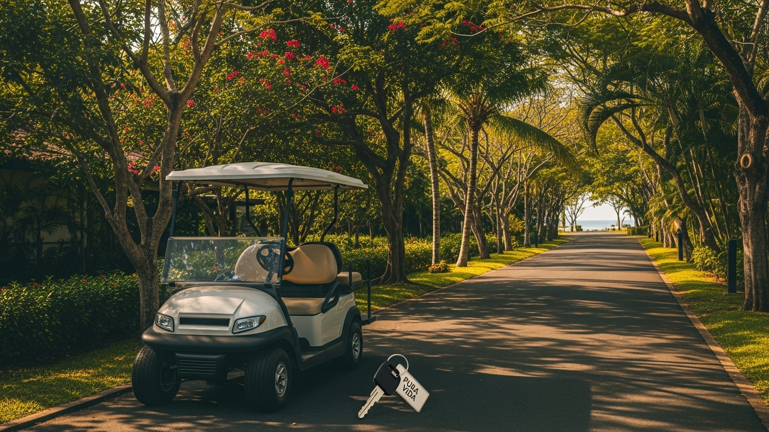Carrito de golf en las calles de la comunidad Hacienda Pinilla, Guanacaste, Costa Rica
