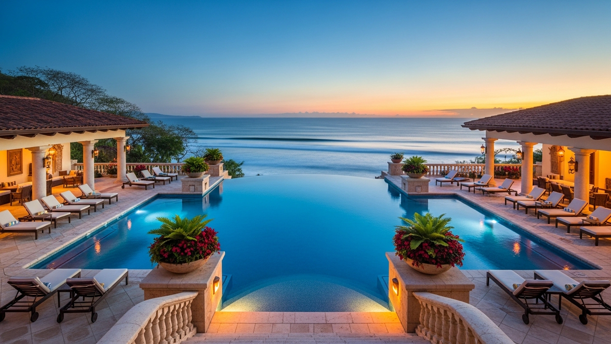 Piscina infinita de resort de lujo con vista al oceano Pacifico en Hacienda Pinilla a la hora dorada