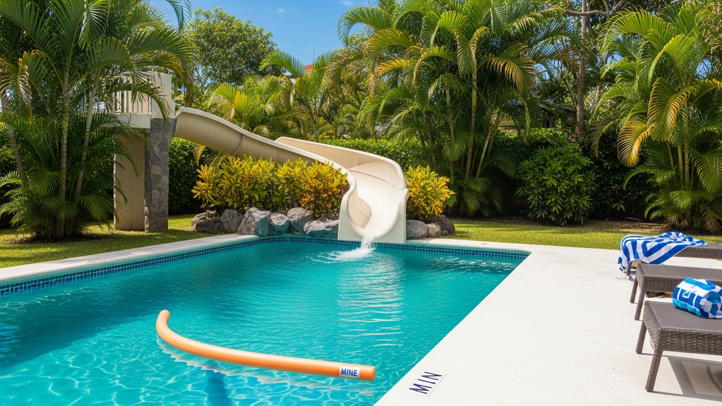 Piscina privada con tobogan en la villa Casa Bonita Beach, ideal para ninos