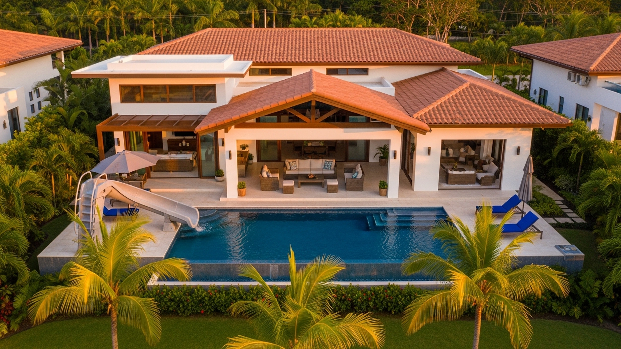 Vista aerea de la piscina de la villa de lujo Casa Bonita Beach a la hora dorada, Hacienda Pinilla