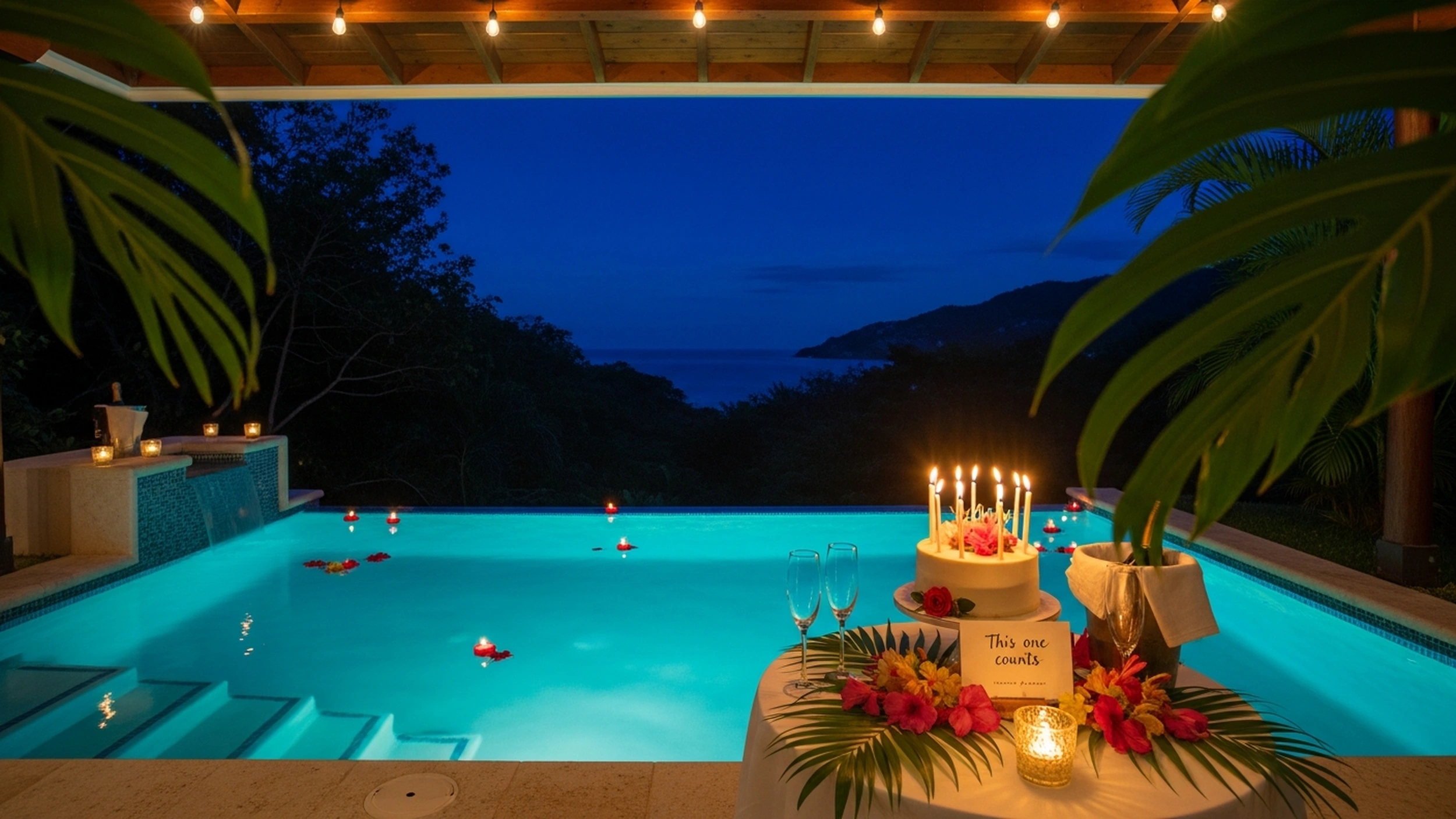 Piscina de villa de lujo al atardecer preparada para celebrar un cumpleanos importante en Hacienda Pinilla