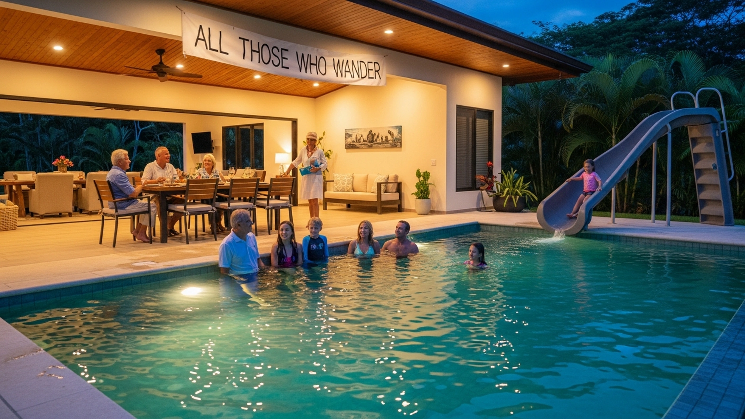 Familia multigeneracional en la piscina de la villa Casa Bonita Beach, Costa Rica