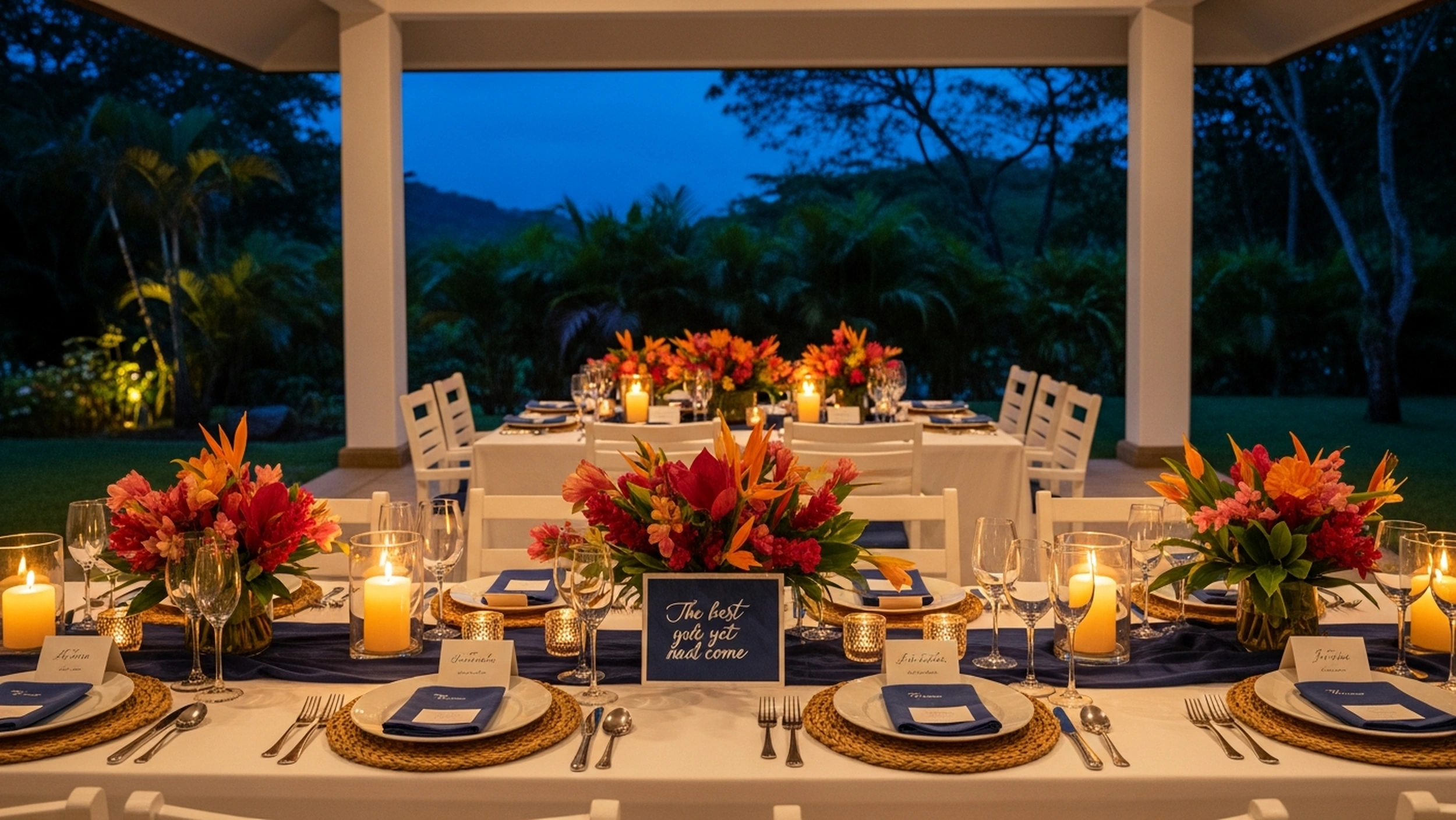 Mesa de cena al aire libre dispuesta para una cena con chef privado en una villa de lujo en Hacienda Pinilla