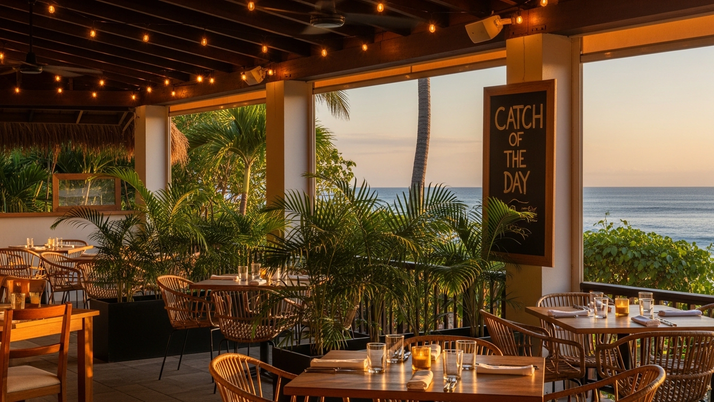 Restaurante al aire libre al atardecer en Tamarindo, Costa Rica
