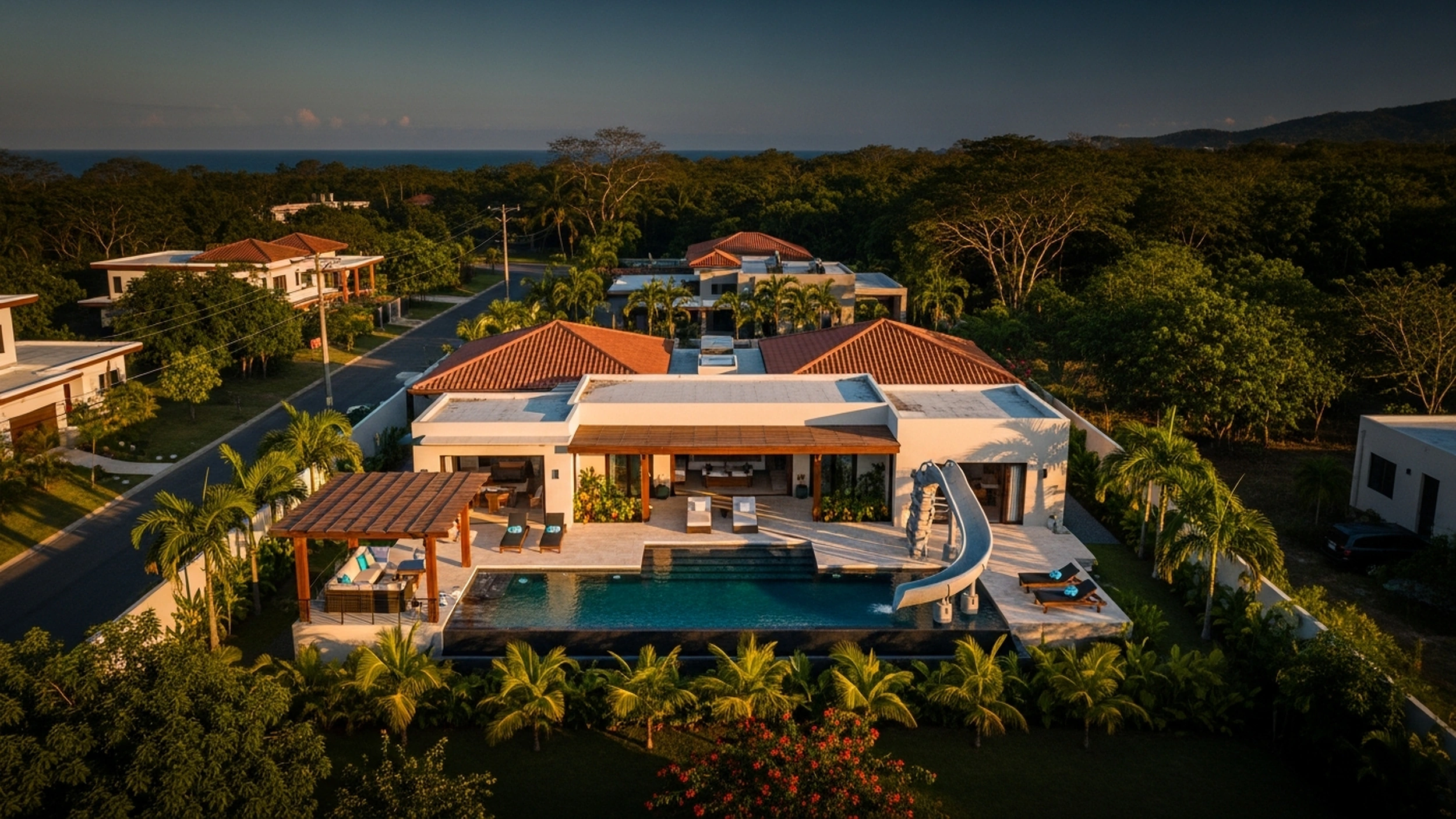 Vista aerea de la piscina y la sala exterior de la villa Casa Bonita Beach a la hora dorada, Hacienda Pinilla