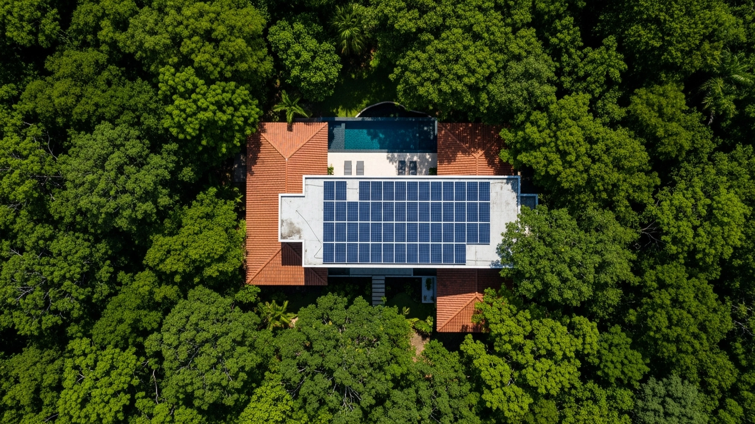 Paneles solares en el techo de una villa rodeada de bosque tropical en Hacienda Pinilla, Guanacaste