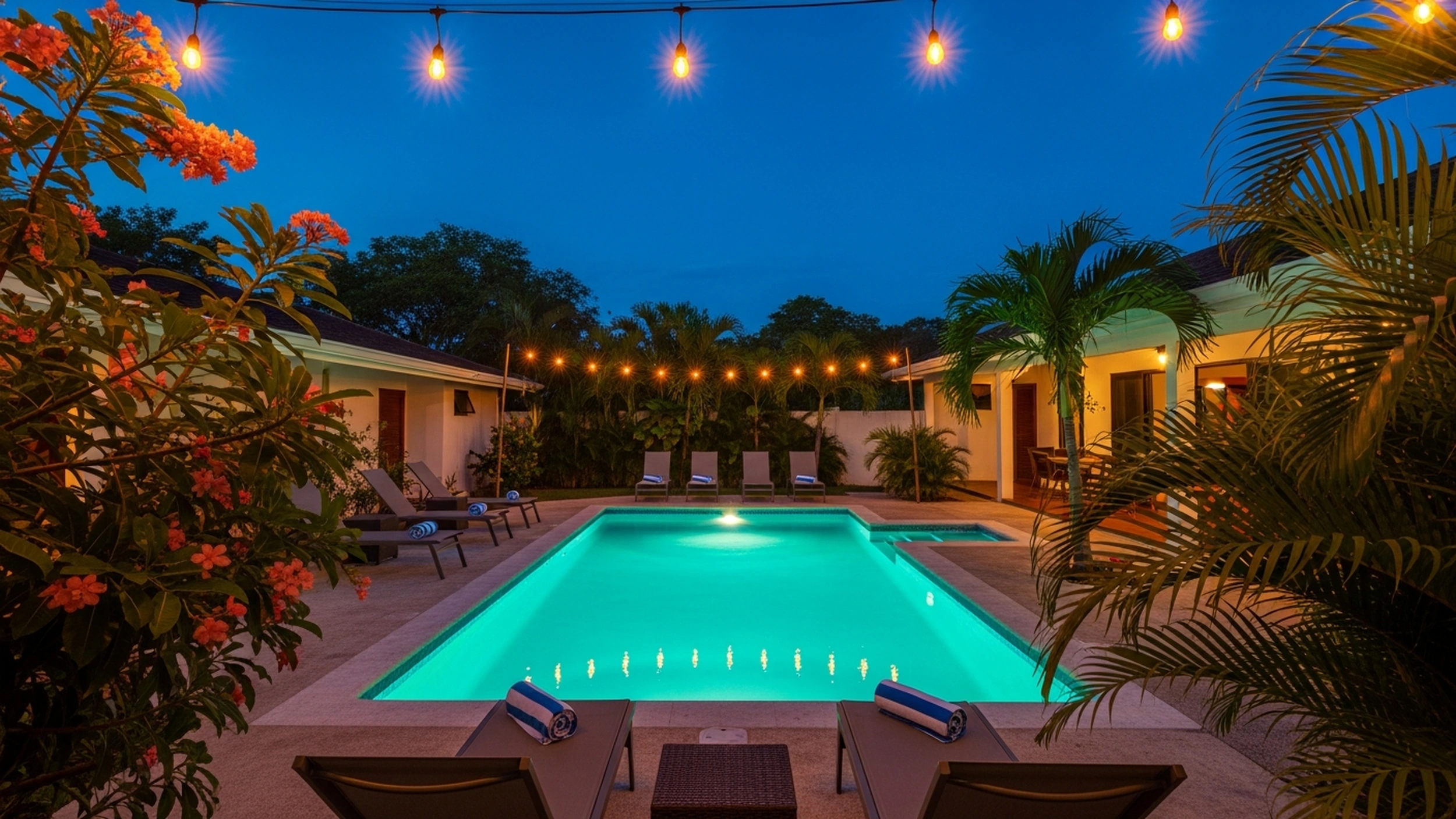 Piscina privada de la villa Casa Bonita Beach iluminada al atardecer, Hacienda Pinilla