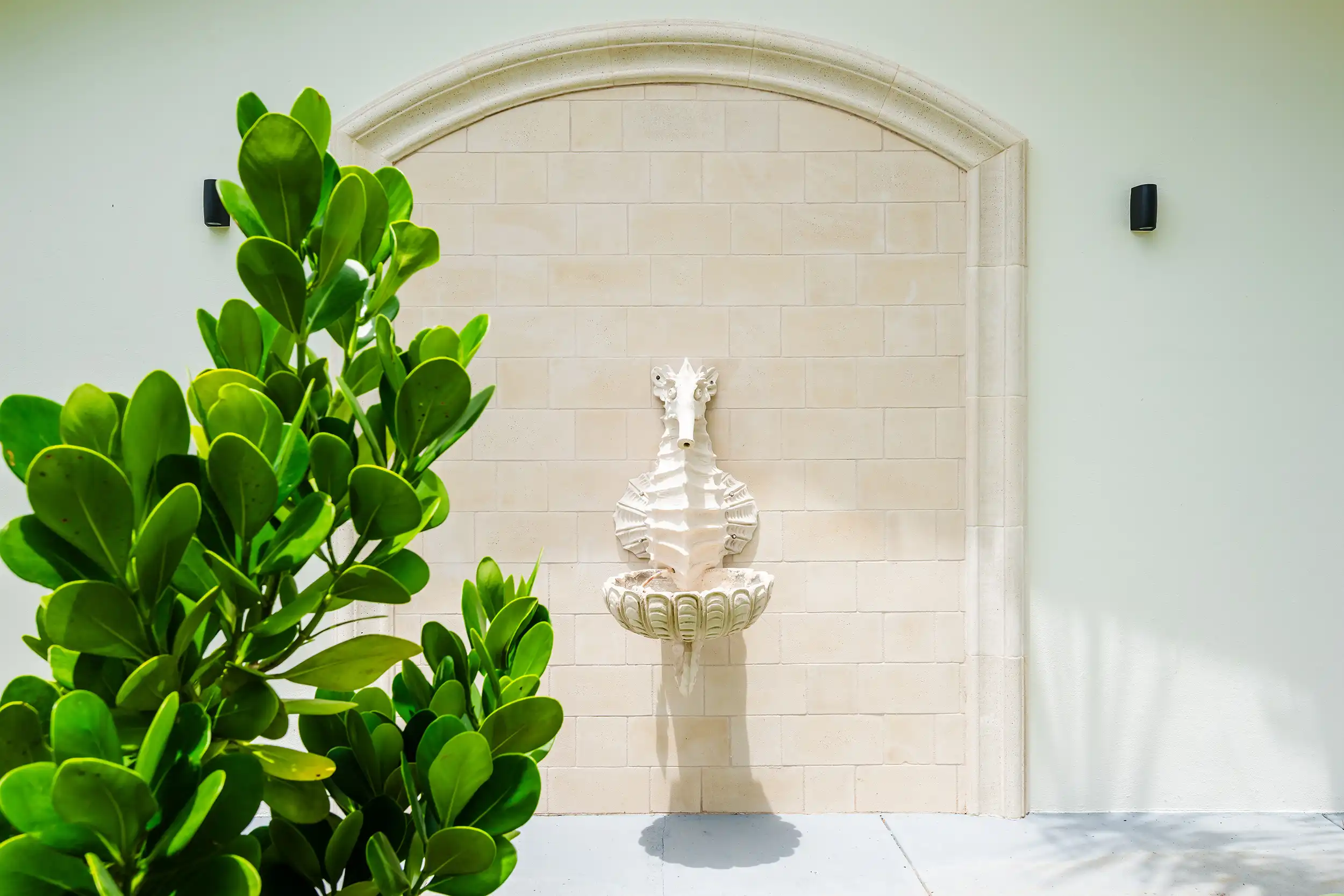 Fuente decorativa con caballito de mar en Casa Bonita Beach